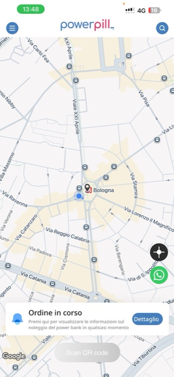 Schermata dell'app Powerpill con un noleggio in corso