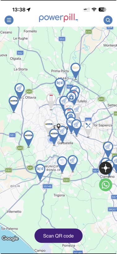 Schermata dell'app Powerpill con la mappa delle stazioni